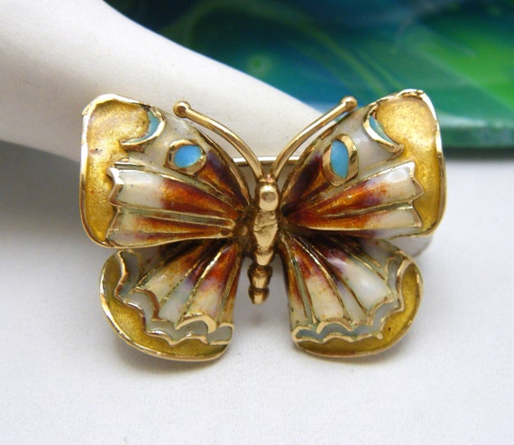 Vintage Solid 18K Yellow Gold & Enamel Butterfly … - image 1