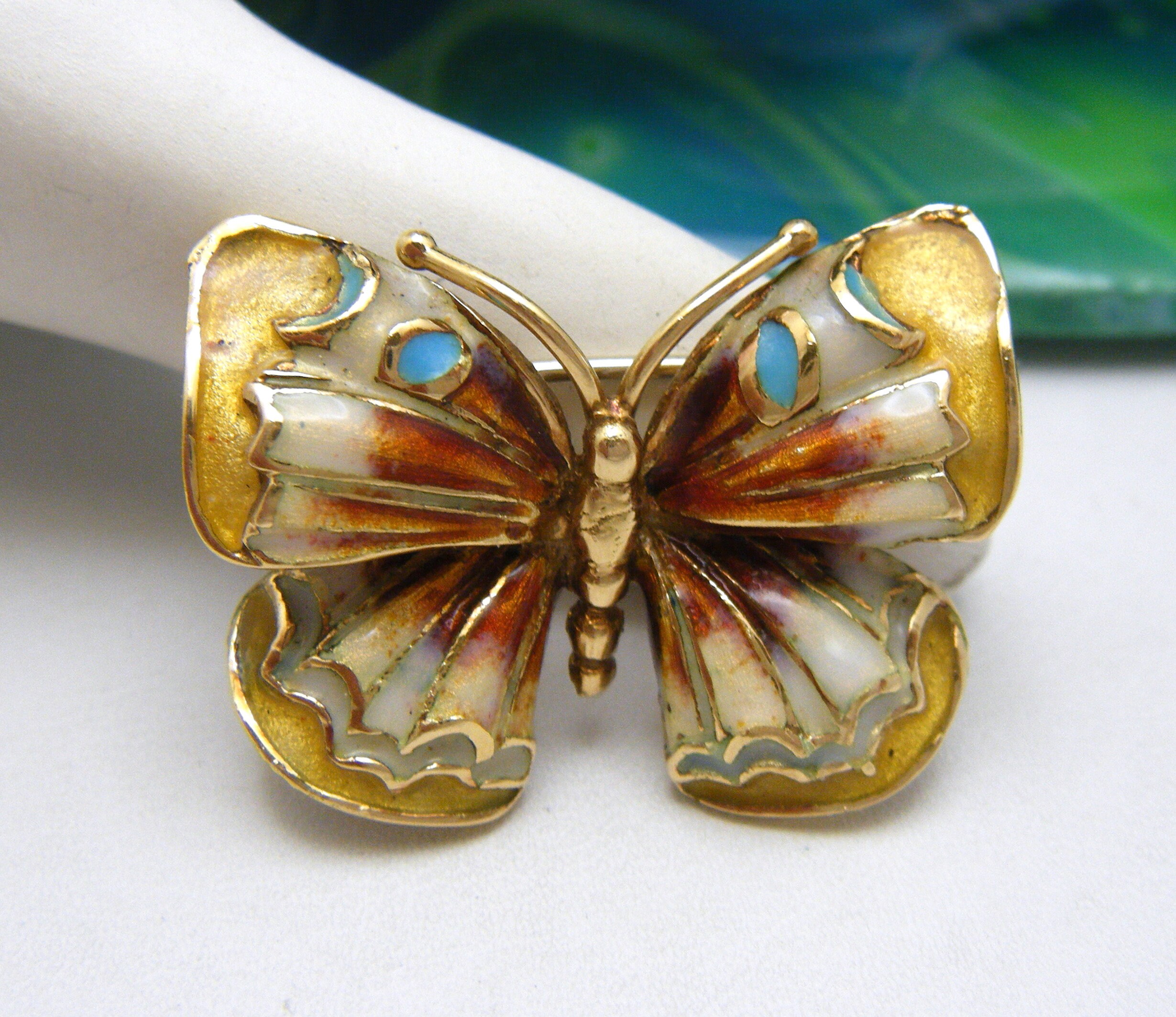 Broche vintage de mariposa de oro amarillo macizo de 18 quilates y esmalte, con sello italiano, probado, 6,9 g