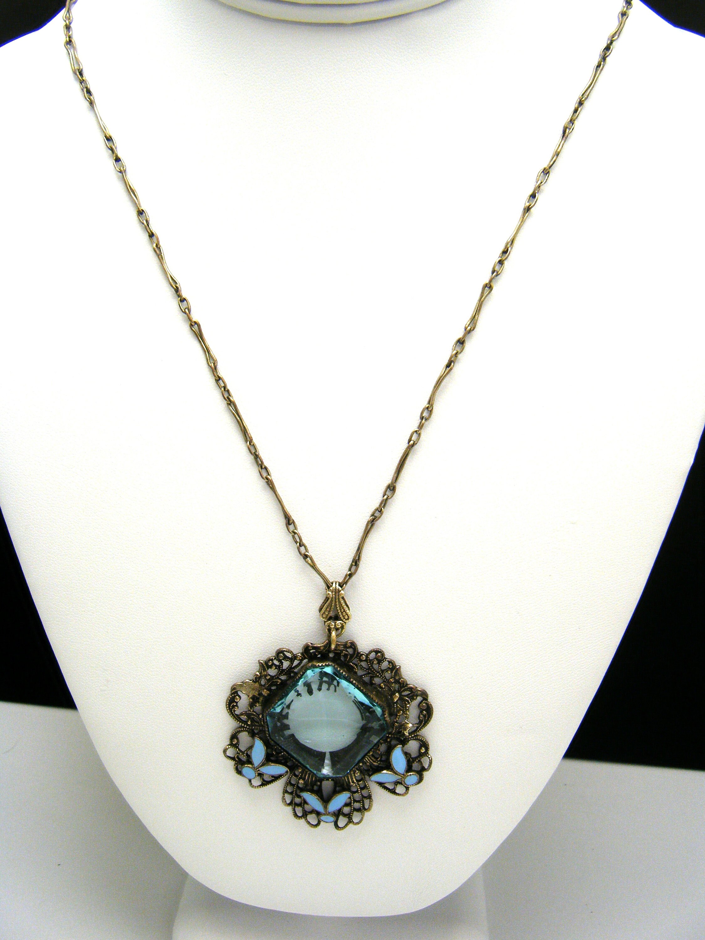 Pendentif Chaine Collier Vintage Cristal émail Bleu Et Doré - Bijou Rétro