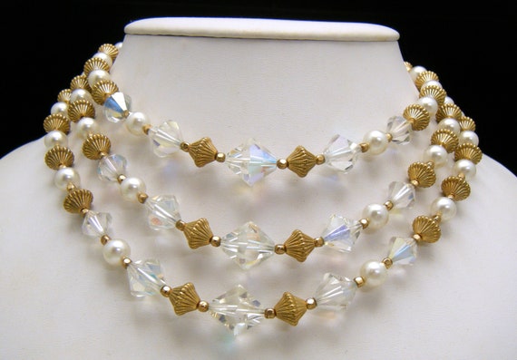 Vintage Faux Pearl Crystal Beaded Multi Strand Ad… - image 1