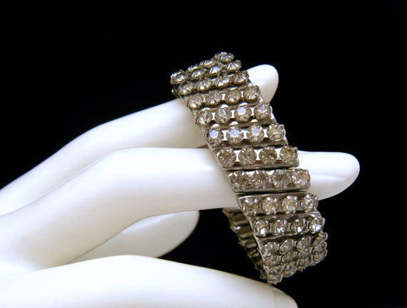 Vintage Rhinestone Expansion Bracelet Clear Silve… - image 2