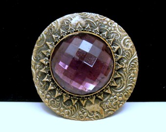 Vintage/Antique Nouveau Brass Brooch, Purple Glass Stone, Beaux Arts Victorian Brooch main image 0