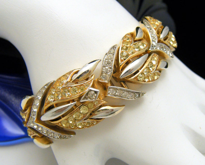 Beautiful Crown Trifari Rhinestone Bracelet Gold Tone Silver Tone Flames