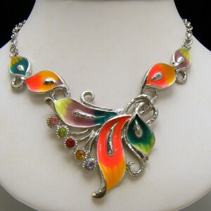 Bright Vintage Colorful Rhinestone Enamel Leaf Adjustable Necklace Silver Tone