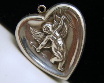 Adorable Sterling Silver Heart Charm Pendant 1 1/4" Cupid Angel 5.1gr