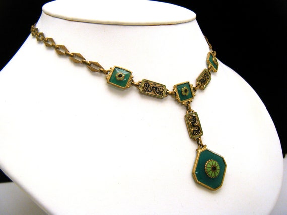 Gorgeous Vintage Art Deco Lavalier Necklace Green… - image 2