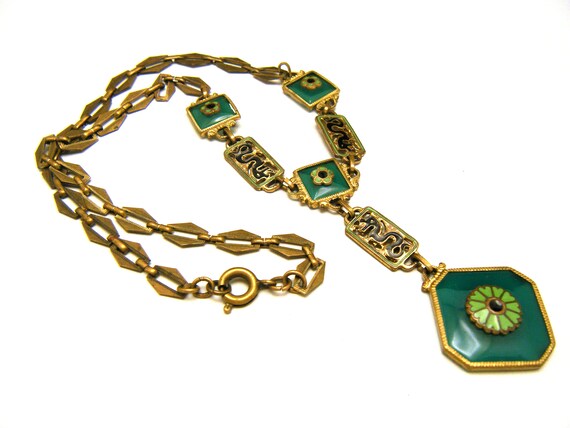 Gorgeous Vintage Art Deco Lavalier Necklace Green… - image 3