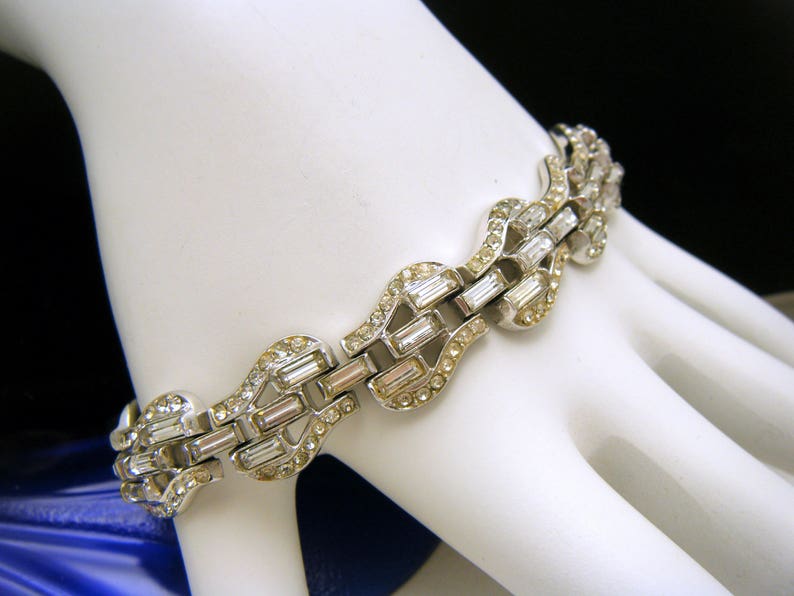Vintage Crown Trifari Pat Pend Rhinestone Baguettes Bracelet Deco Revival