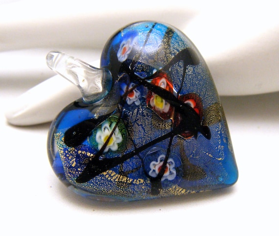 Vintage Blue Art Glass Floral Heart Pendant - image 2