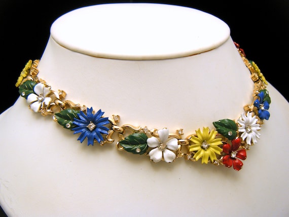 Vintage Crown Trifari Necklace Colorful Enamel Rhinestones Flowers Gold Tone