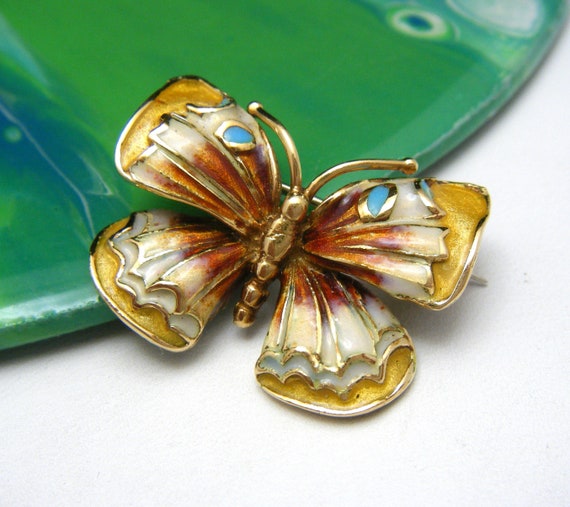 Vintage Solid 18K Yellow Gold & Enamel Butterfly … - image 2