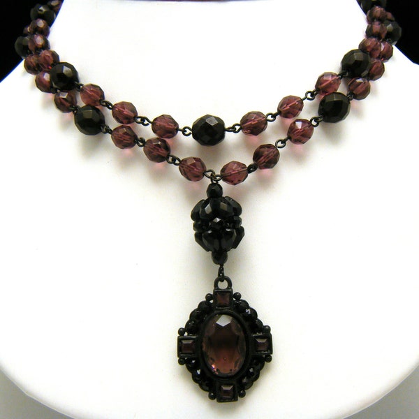 Gorgeous C Stein Purple Black Necklace Lavalier Pendant Necklace Rhinestones Faceted Glass Beads