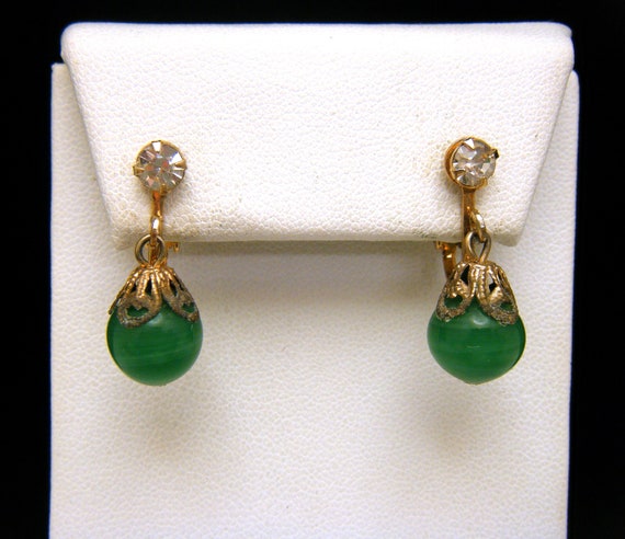Vintage Jade Rhinestone Dangle Clip On Earrings G… - image 1