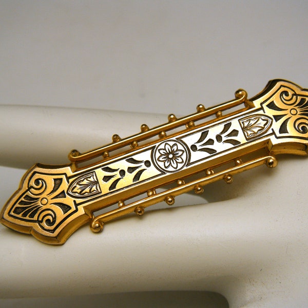 Vintage Signed PSCO 12K Gold Filled Victorian Revival Bar Pin Taille D'Epargne Enamel