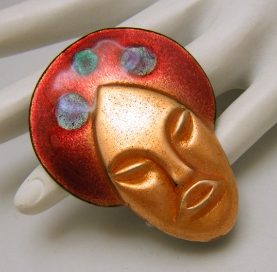 Vintage Enamel on Copper Face Brooch Beautiful Mi… - image 2