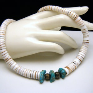 Vintage Heishi Old Pawn Turquoise Chunk Sterling Bead Shell Necklace