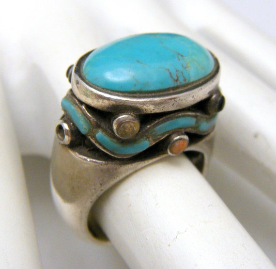 Bague Vintage En Argent Massif Avec Turquoise - Taille 61, Argent Sterling, Pierre Naturelle, Style Bohème Et Rétro