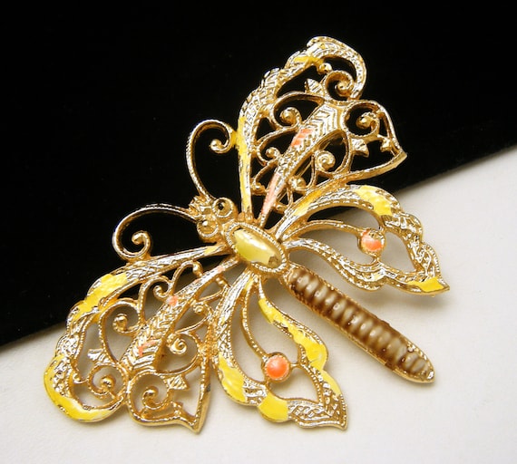 Vintage ART Yellow Pink Brown Enamel Butterfly Br… - image 1