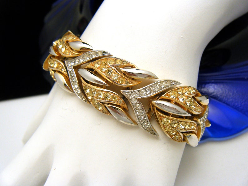 Beautiful Crown Trifari Rhinestone Bracelet Gold Tone Silver Tone Flames