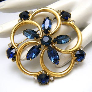 Large Vintage Rhinestone Brooch Sapphire Blue Clear Rhinestones Gold Tone