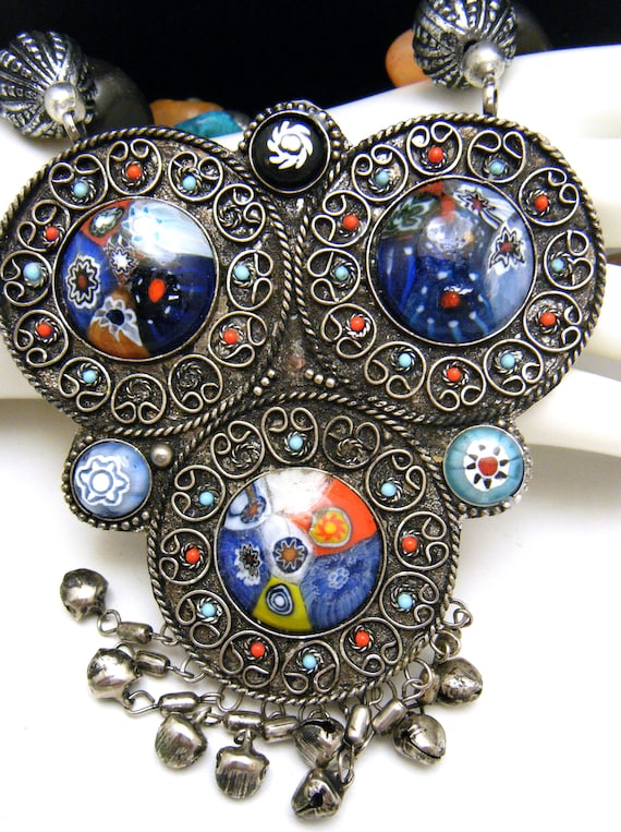 Collier Vintage En Verre Millefiori, Cristal Et Agate Verte - Longueur 56-60 Cm, Occasion Très Bon état