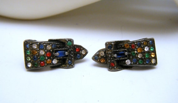 Adorable Vintage Art Deco Shoe Clips Colorful Rhinestone Buckles Silver Tone
