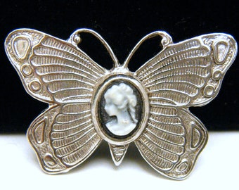 Cute Vintage Resin Cameo Butterfly Pin Silver Tone