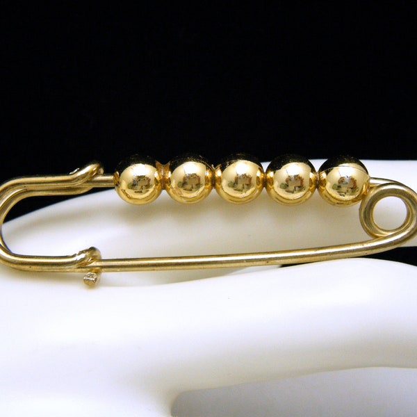 Vintage Safety Pin Gold Tone Bead Brooch