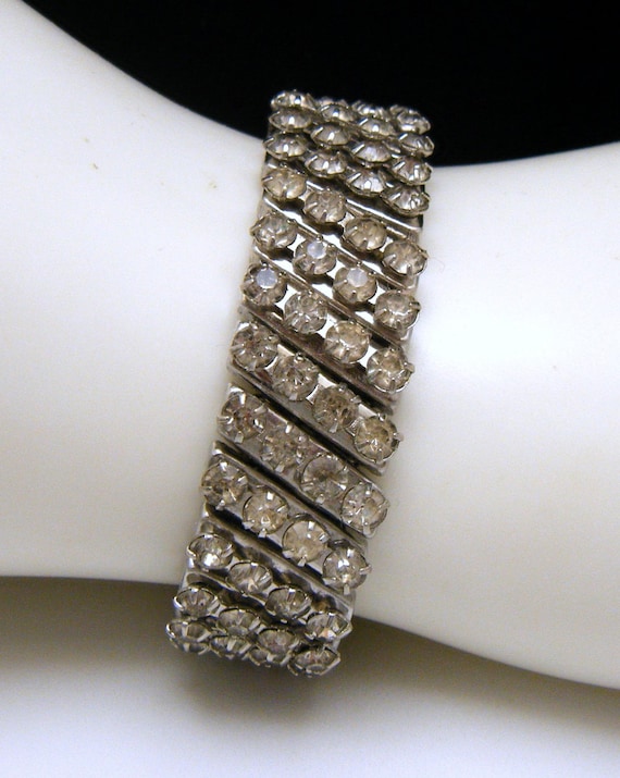 Vintage Rhinestone Expansion Bracelet Clear Silve… - image 1