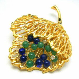 Gorgeous 1960s Vintage Floral Brooch Rhinestone Head Pins Blue Green Glass Beads Gold Tone