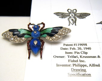 Raro vintage Trifari esmalte abeja volador insecto broche zapato botón vidrio pedrería patente no 119098