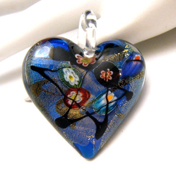 Vintage Blue Art Glass Floral Heart Pendant - image 1