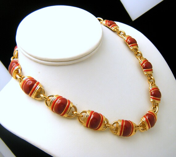 Vintage CIRO Red Enamel Necklace Gold Tone Links … - image 1