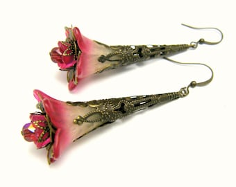 Victorian Revival Trumpet Flower Dangle Earrings: Brass Filigree