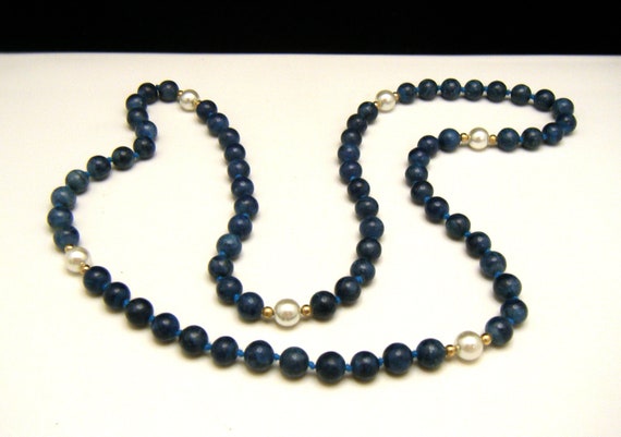 Vintage Blue Sodalite Bead Faux Pearl Hand Knotte… - image 3