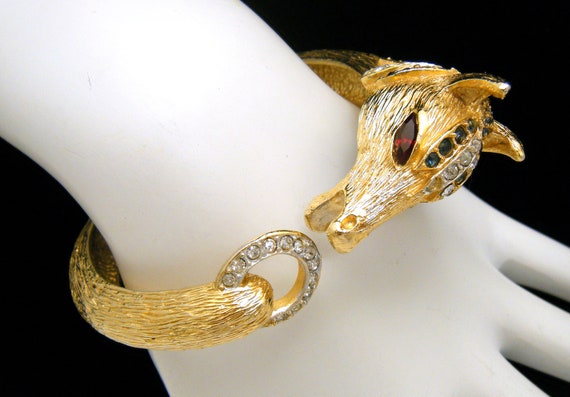 Vintage SPHINX Hinged Bracelet Rhinestone Figural… - image 2