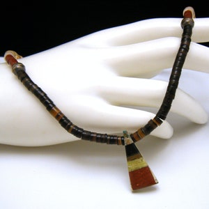 Vintage Heishi Navajo Sterling Bead Stone Inlay Pendant Necklace