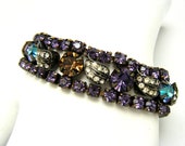 Vintage Signed WEISS Bracelet Rhinestones Purple Blue Champagne Deco Leaf Accent