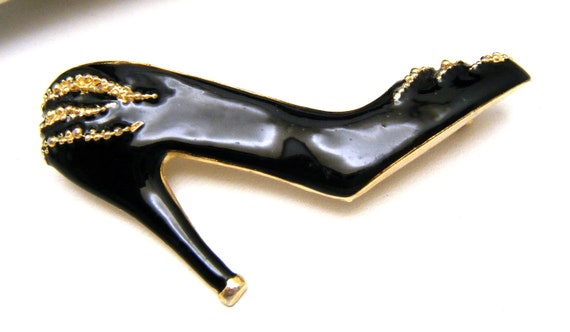 Cute Vintage Black Enamel High Heel Shoe Gold Ton… - image 2