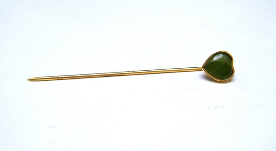 Cute Vintage Jade Heart Stick Pin Gold Tone - image 1