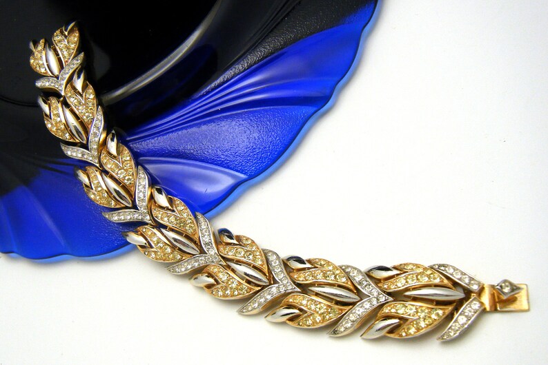 Beautiful Crown Trifari Rhinestone Bracelet Gold Tone Silver Tone Flames