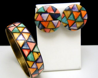 Fun Vintage Colorful Inlay Mosaic Round Clip On Earrings Bangle Bracelet Set Gold Tone