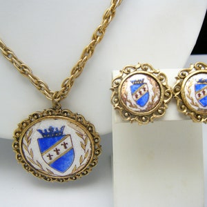 Vintage Heraldic Shield Enamel Jewelry Set: Gold Tone Pendant Necklace & Clip On Earrings