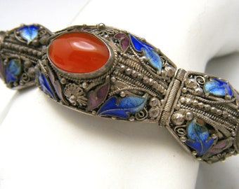 Vintage Chinese Export Silver Bracelet: Enamel Filigree Carnelian
