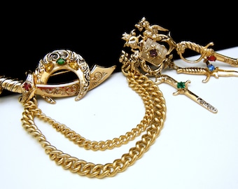 Vintage Heraldic Chatelaine Brooch  Rhinestone Swords Saber Gold Tone