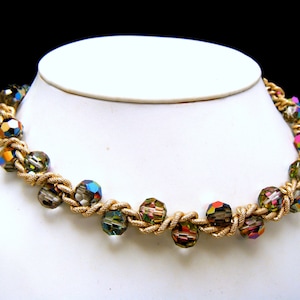 Fabulous Vintage W Germany Crystal Necklace Gold Tone Rope Iridescent Crystals