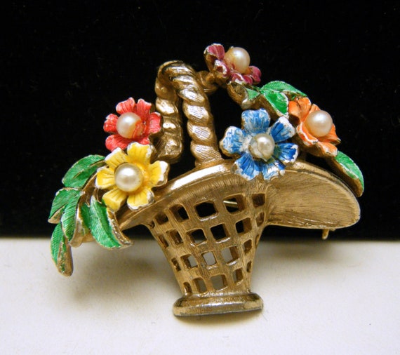 Vintage St. Labre Enamel Faux Pearl Flower Basket Brooch Gold Tone