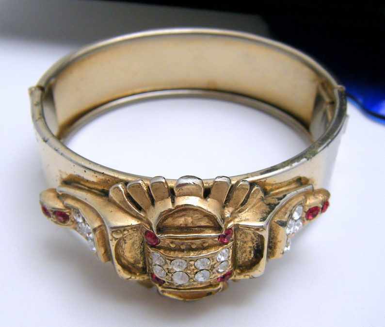 Beautiful Vintage Bracelet Victorian Revival Hinged Bangle Red Clear Rhinestones