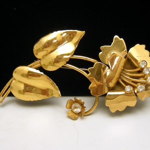 Vintage Sterling Retro Floral Clear Rhinestone Gold Vermeil Brooch
