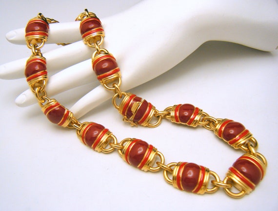 Vintage CIRO Red Enamel Necklace Gold Tone Links … - image 3